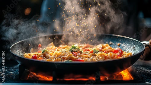 Steaming Pasta Dish in a Black Pan on a Stovetop