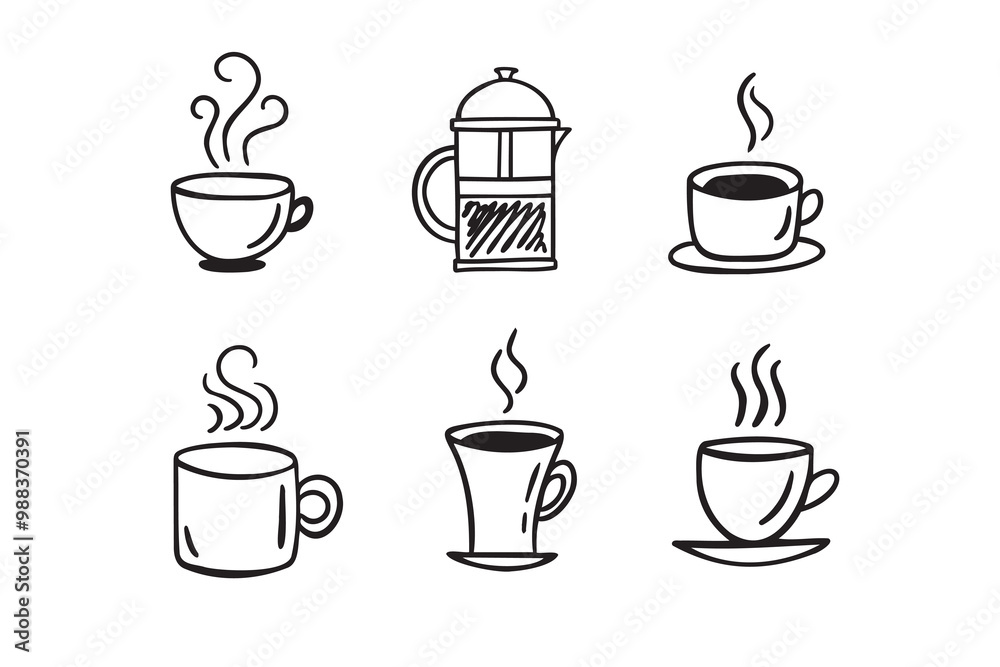 Hand drawn hot drinks set. Doodle coffee cups white background. Coffee, tea, cappuccino, espresso, latte, americano, hot chocolate Hand drawn hot drinks set. Doodle coffee cups white background. Coffee, tea, cappuccino, espresso, latte, americano, hot chocolate