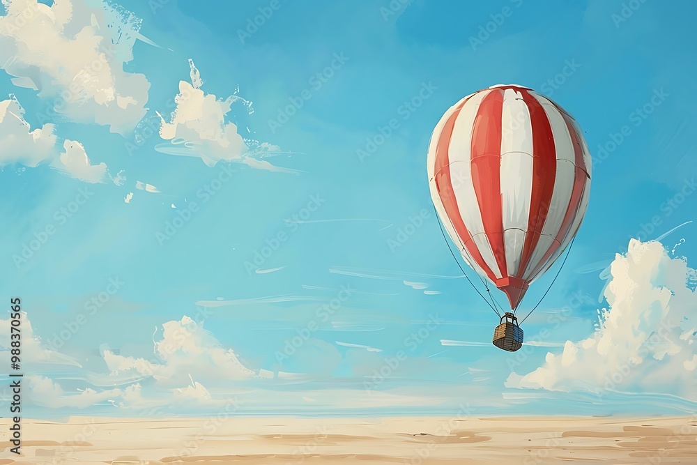 Fototapeta premium Hot watercolor air balloon in the blue sky with clouds
