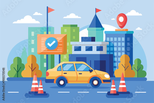 A yellow car drives past traffic cones in a colorful urban driving school setting with trees, buildings, and educational signs.