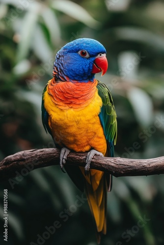 An electric mint parrot sits elegantly on a branch, displaying its striking blue head and vividly colored plumage against a softly blurred background of green foliage