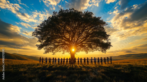 Diverse group of people standing together around a tree in the morning, symbolizing unity and collaboration for saving the planet and environmental protection.