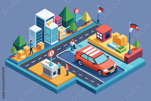 A vibrant isometric illustration showcasing a driving school setting with students, cars, and various city elements under a clear sky.