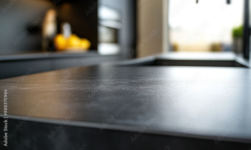 Close-up of modern dark kitchen counters, featuring sleek surfaces and minimalist design. Close-up of modern dark kitchen counters, featuring sleek surfaces and minimalist design.