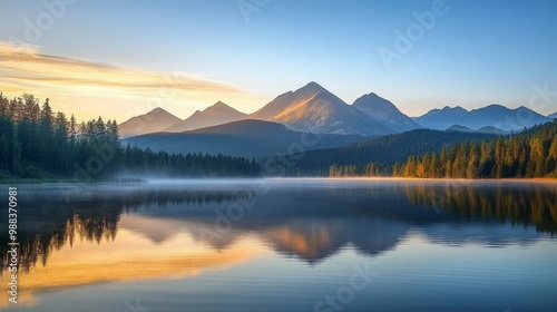 Sunrise in High Tatras mountains national park and Strbske pleso (Strbske lake) mountain lake in Slovakia.