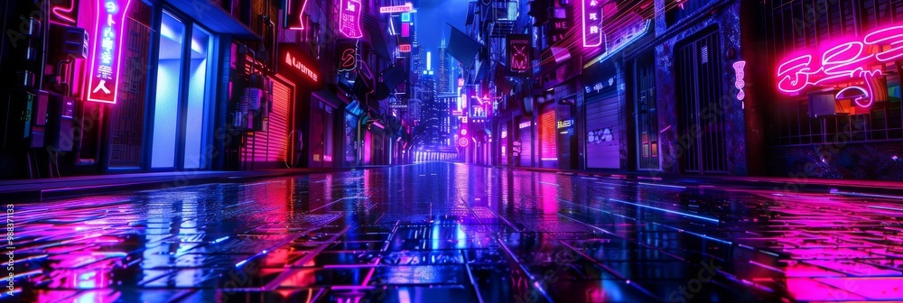 Fototapeta premium Neon Cyberpunk City, Urban Future Metaverse, Night Purple Street Texture Background, Copy Space