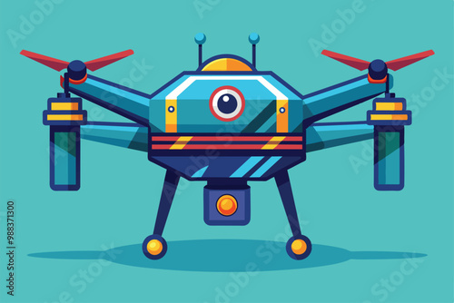 A vibrant cartoon-style drone with unique designs flying in a simple, artistic background.