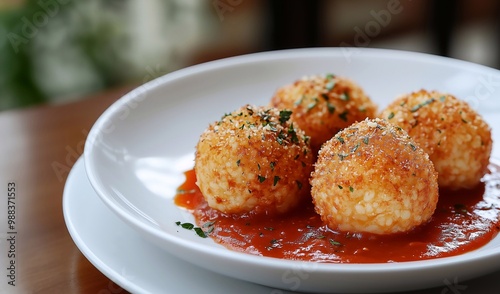 arancini, deep fried rice balls, on a white plate, with tomato sauce, Italian dish, no people,