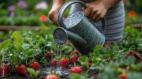 girl watering strawberries in raised bed holding metal watering can taking care of garden, planting spring fruits vegetables, flowers