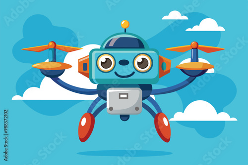 A friendly cartoon drone hovers in a clear blue sky, ready to deliver customizable packages in a vibrant, whimsical design.