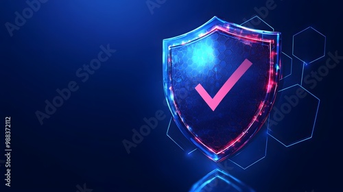  Protection. Healthcare. Insurance. Cyber security. Network safety. Protection shield with Check mark icon inside transparent sphere shield with hexagon pattern on blue background. Vector illustration