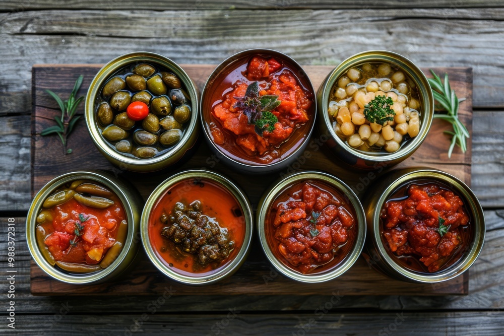 Open tin cans set, preserved products collection, canned food on wooden board top view Open tin cans set, preserved products collection, canned food on wooden board top view