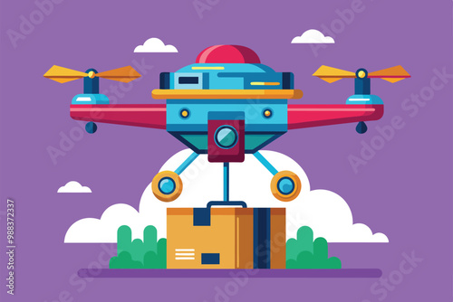 A colorful drone is hovering above a package while preparing for delivery amidst a clear blue sky and fluffy clouds.