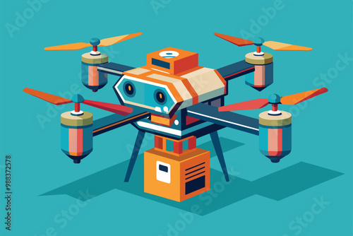 A vibrant drone equipped for delivery tasks is displayed, highlighting its customizable design and functionality in an outdoor environment.