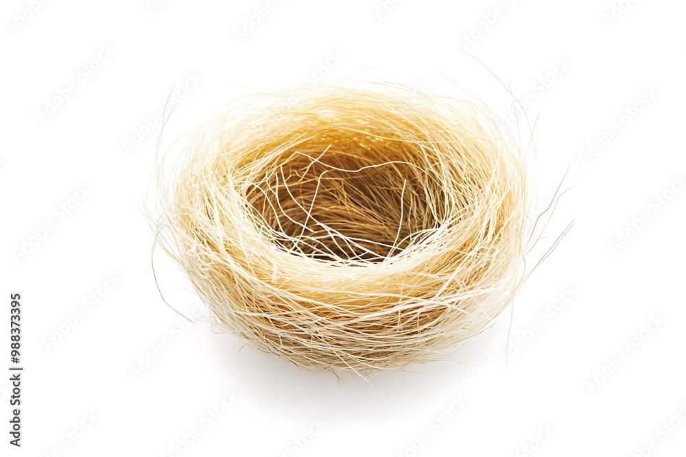 A bird's nest made of branches and blades of grass is placed on a white background. A bird's nest made of branches and blades of grass is placed on a white background.