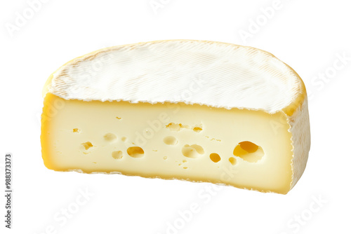 Soft semi-aged goat Bucheron cheese wheel isolated on white transparent background. Dairy product concept