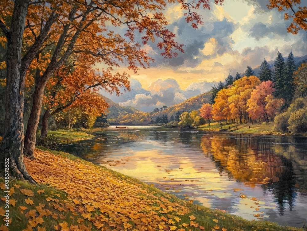 Obraz premium A serene valley in the autumn, with golden leaves blanketing the ground and a calm river reflecting the vibrant colors of the trees under a soft, cloudy sky
