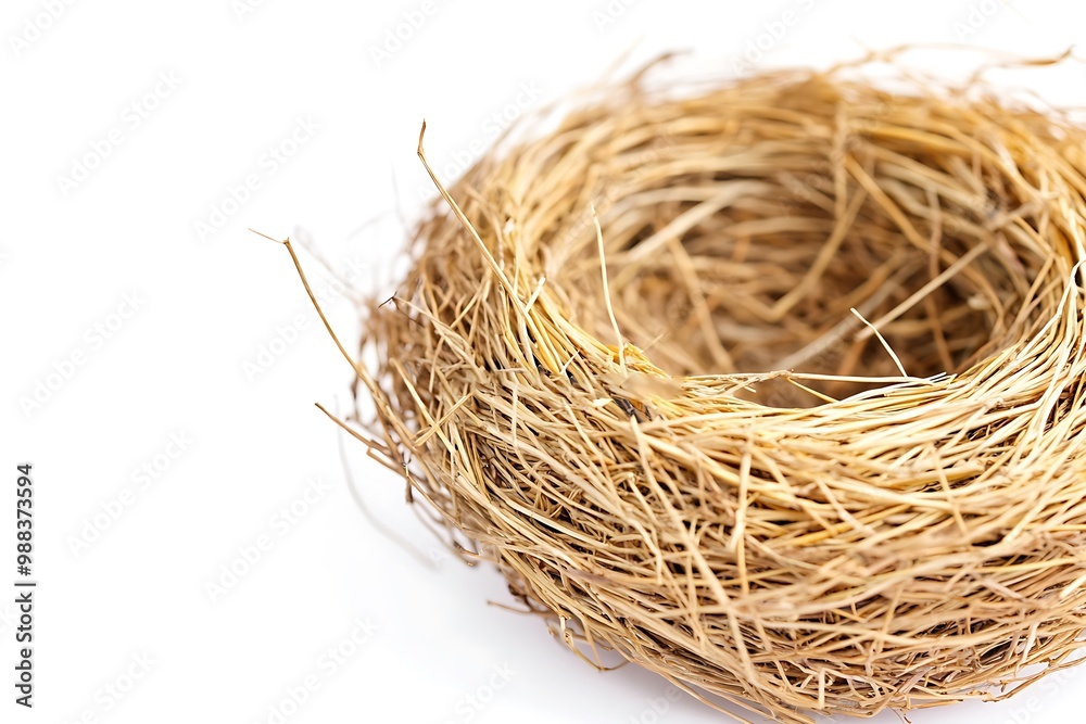 A bird's nest made of branches and blades of grass is placed on a white background. A bird's nest made of branches and blades of grass is placed on a white background.