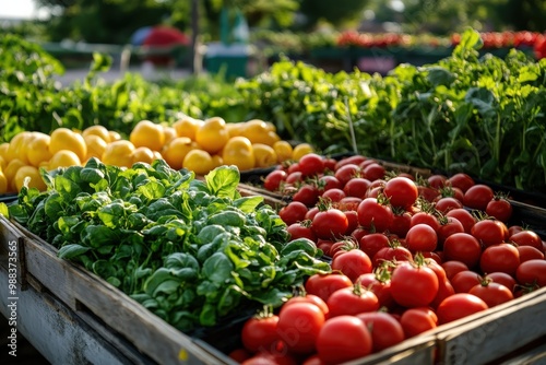 Fresh organic vegetables displayed in wooden crates at a local market. Bright red tomatoes, leafy greens, and yellow squash create a vibrant and healthy food scene.