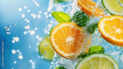 Fresh orange and lime slices splashing into sparkling water, creating a refreshing beverage scene, ideal for summer promotions and healthy drink ideas. photo