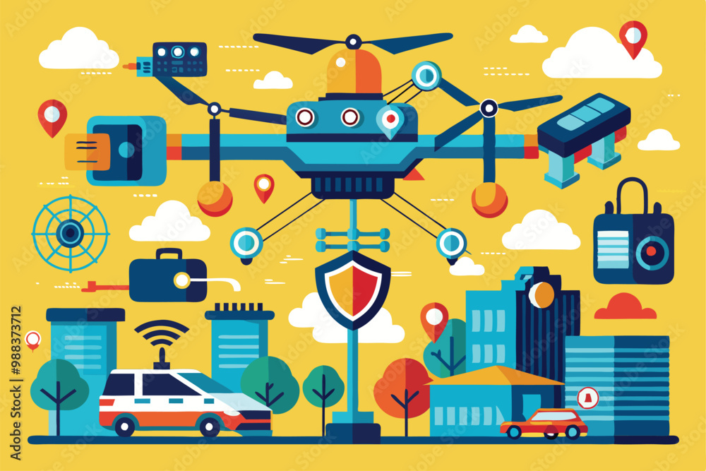 Naklejka premium A customizable drone surveillance system is actively monitoring urban environments, integrating technology for enhanced security and efficiency.