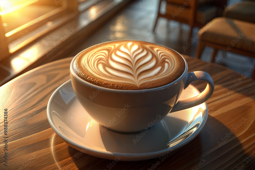 Artisanal latte with elegant leaf design foam art in sunlit cafe setting Artisanal latte with elegant leaf design foam art in sunlit cafe setting
