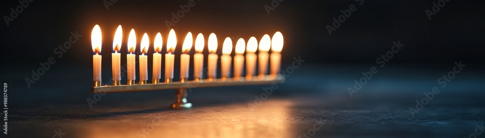 A menorah with nine lit candles on a dark background. A menorah with nine lit candles on a dark background.
