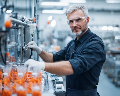 A mature man in a factory setting, wearing safety glasses and gloves, operates machinery. He looks directly at the camera.