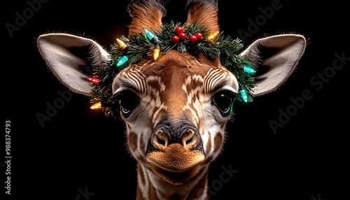 Giraffe with Christmas Wreath and Lights on Head