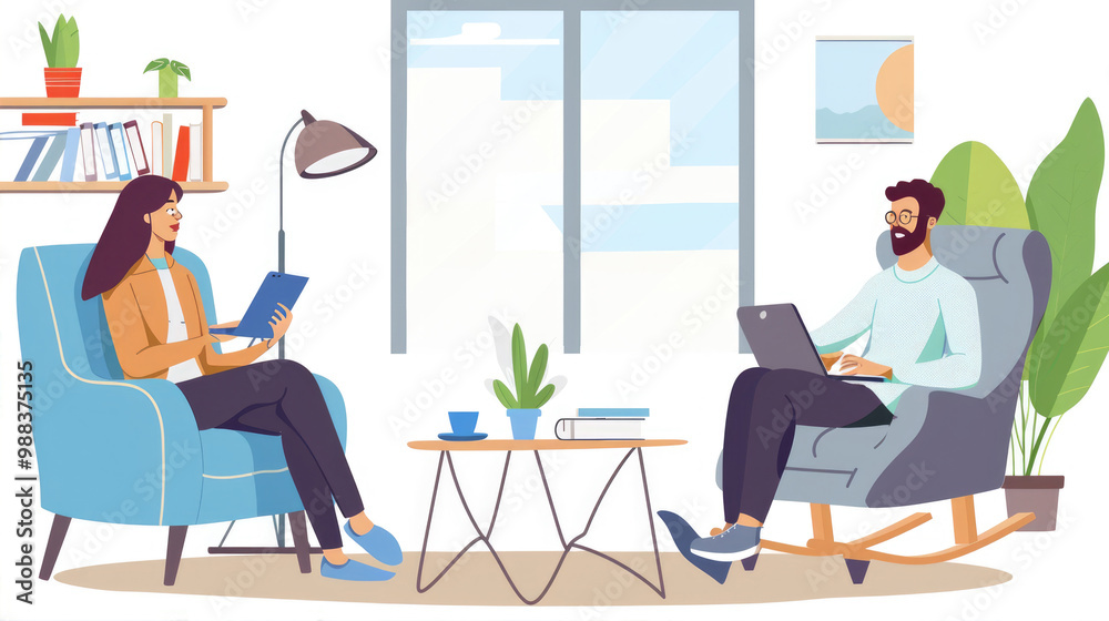 An illustrated scene of two people working on laptops in a modern living room, surrounded by colorful decor and plants An illustrated scene of two people working on laptops in a modern living room, surrounded by colorful decor and plants
