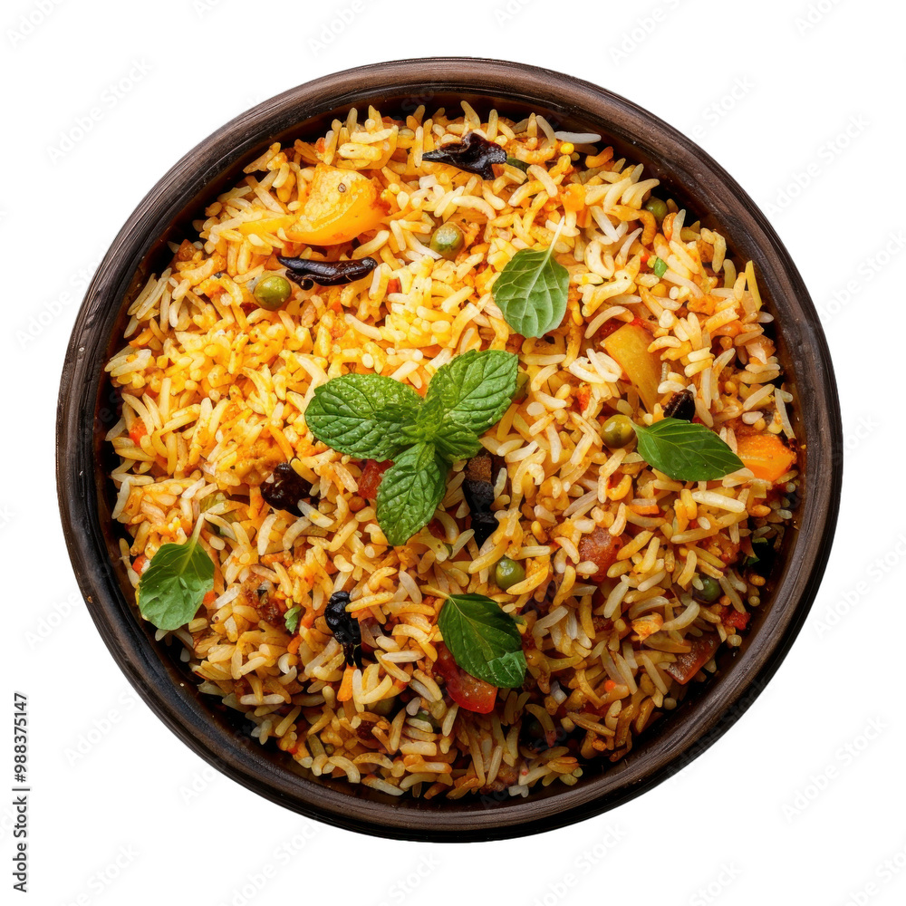 Steaming hot vegetable biryani is served in a rustic bowl, garnished with fresh mint leaves Steaming hot vegetable biryani is served in a rustic bowl, garnished with fresh mint leaves