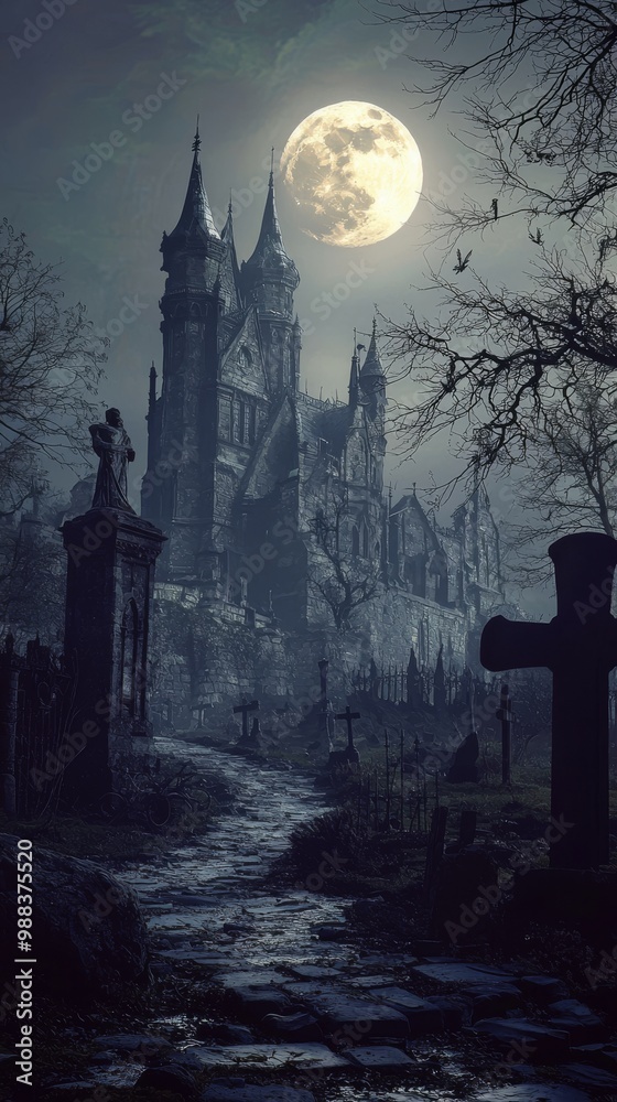 Haunted castle and graveyard under full moon