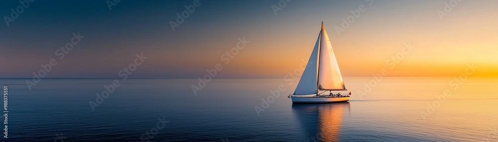 Sailboat on calm water at sunrise. Sailboat on calm water at sunrise.