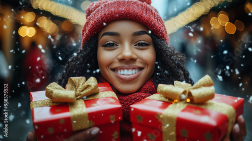 Smiling Black woman in red scarf and beanie holding Christmas gifts in snowy outdoor street, festive holiday joy