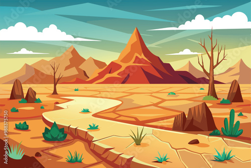 A dry, cracked landscape features sparse vegetation and rocky formations, highlighting the effects of drought in a warm, sunny environment.