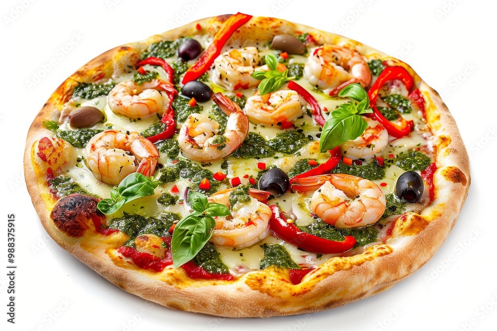 Pizza with Shrimps, Kalamata Olives, Pesto, Mozzarella Cheese, Basil, Cherry Tomatoes and Chili