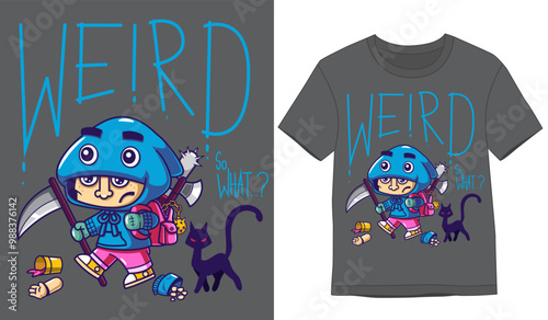 Tshirt Designs. Cool boy cartoon character holding scythe
