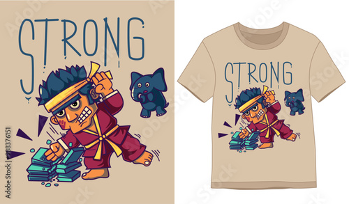 Tshirt Designs. Strong fighter breaks stones with palm