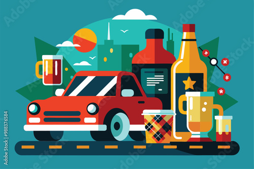 A vibrant illustration highlights the dangers of drunk driving with a red car surrounded by various alcoholic drinks in a cityscape at sunset.