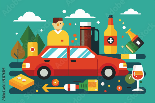 A vibrant illustration showcases a car surrounded by various alcoholic beverages, highlighting the dangers of drunk driving.