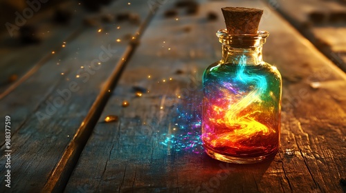 A magical potion bottle glows with vibrant colors and sparkling energy, creating a captivating visual on a rustic wooden surface. photo