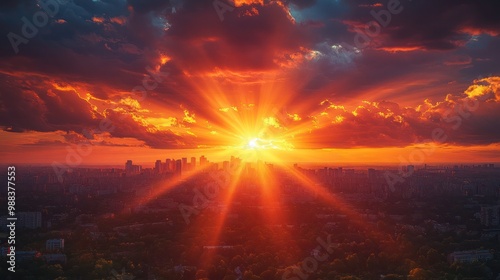 city sunrises with dramatic sunlight breaking through clouds. Golden and orange hues bathe the cityscape, capturing the tranquil beauty of a spring morning and dynamic weather