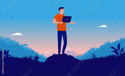 Work from anywhere - Man with laptop standing outdoors in nature landscape with laptop computer, working and smiling over total work freedom. Flat design vector illustration