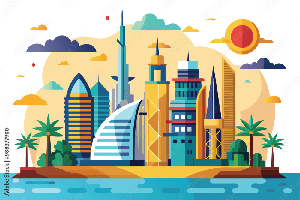 A colorful artistic depiction of Dubai's skyline featuring iconic buildings under a setting sun, complemented by green palm trees along the waterfront. A colorful artistic depiction of Dubai's skyline featuring iconic buildings under a setting sun, complemented by green palm trees along the waterfront.