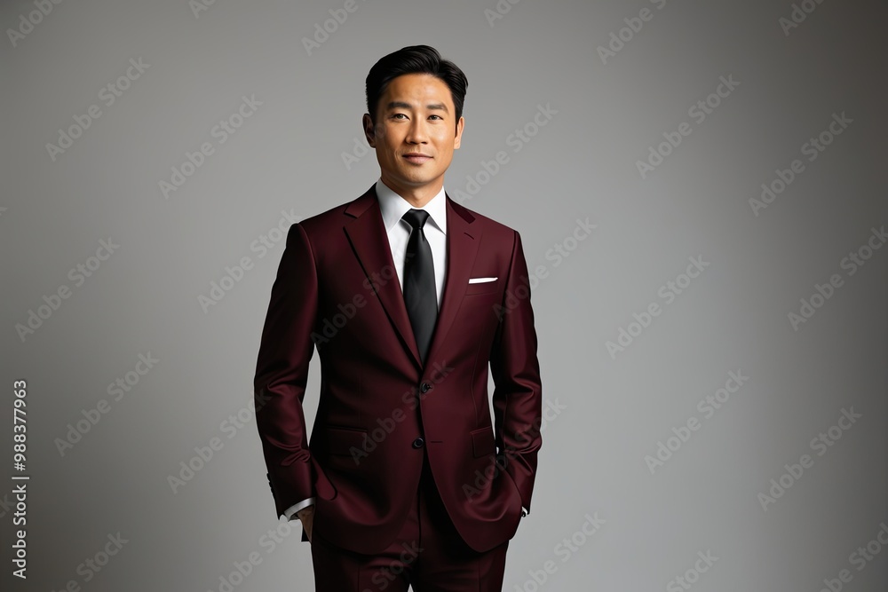 Front View Portrait of a Confident Striking Asian Man in a Well-Fitted Maroon Suit with a Crisp White Dress Shirt and Black Tie Front View Portrait of a Confident Striking Asian Man in a Well-Fitted Maroon Suit with a Crisp White Dress Shirt and Black Tie