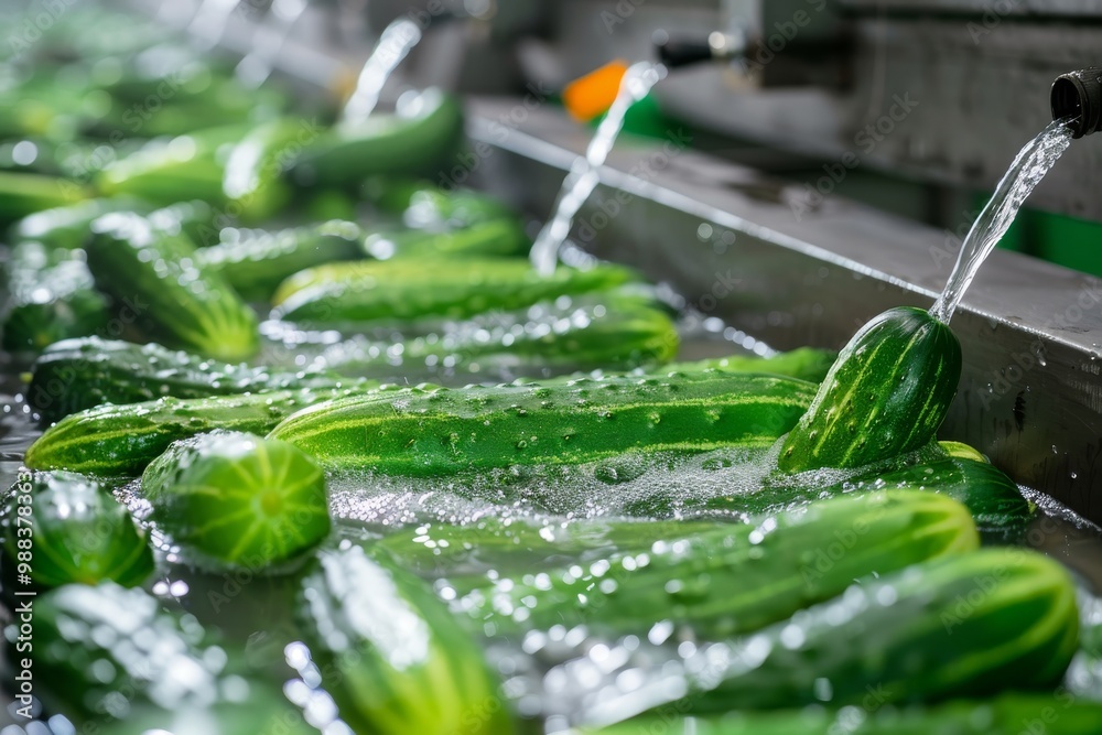 Obraz premium Washing Many Cucumbers, Cucumbers Automated Washing Line, Vegetable Sorting on Conveyor