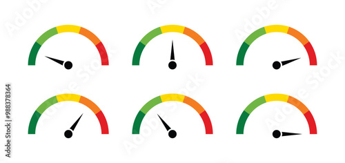 Speedometer icons with arrow. Dashboard with green, yellow and red indicators. tachometer. Low, medium, high and risk levels.