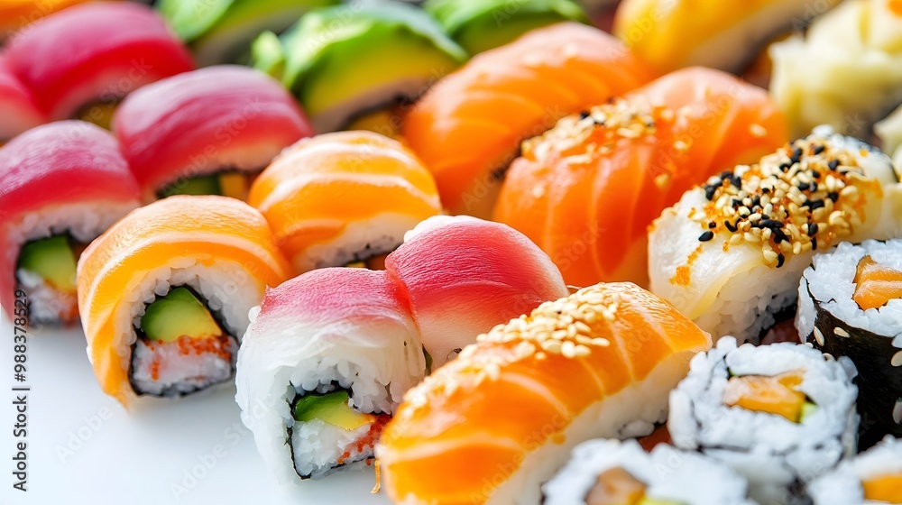 A close-up of fresh sushi rolls with vibrant colors, beautifully arranged on a white background A close-up of fresh sushi rolls with vibrant colors, beautifully arranged on a white background