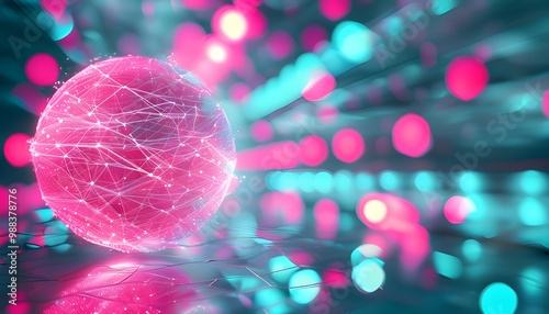 Abstract geometric network with blurred lines and a bright pink light, featuring a white ball against a soft blurred background photo