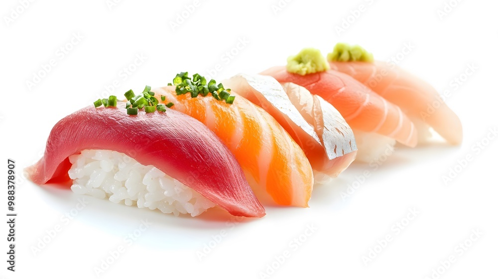 Delicate sashimi sushi placed on rice with wasabi and ginger accents, against a pure white background Delicate sashimi sushi placed on rice with wasabi and ginger accents, against a pure white background